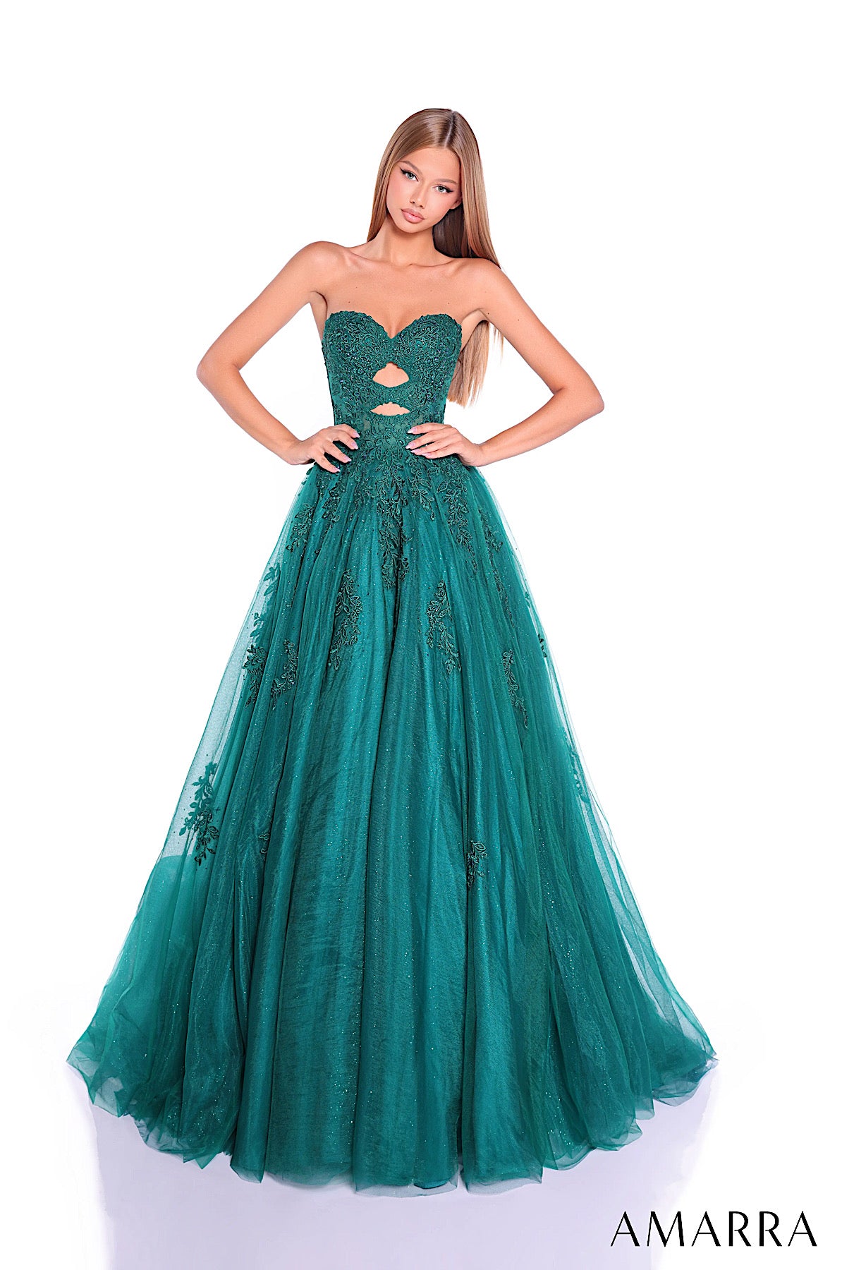 Teal evening gown with cut-out design on a white background, brand 'AMARRA' visible.