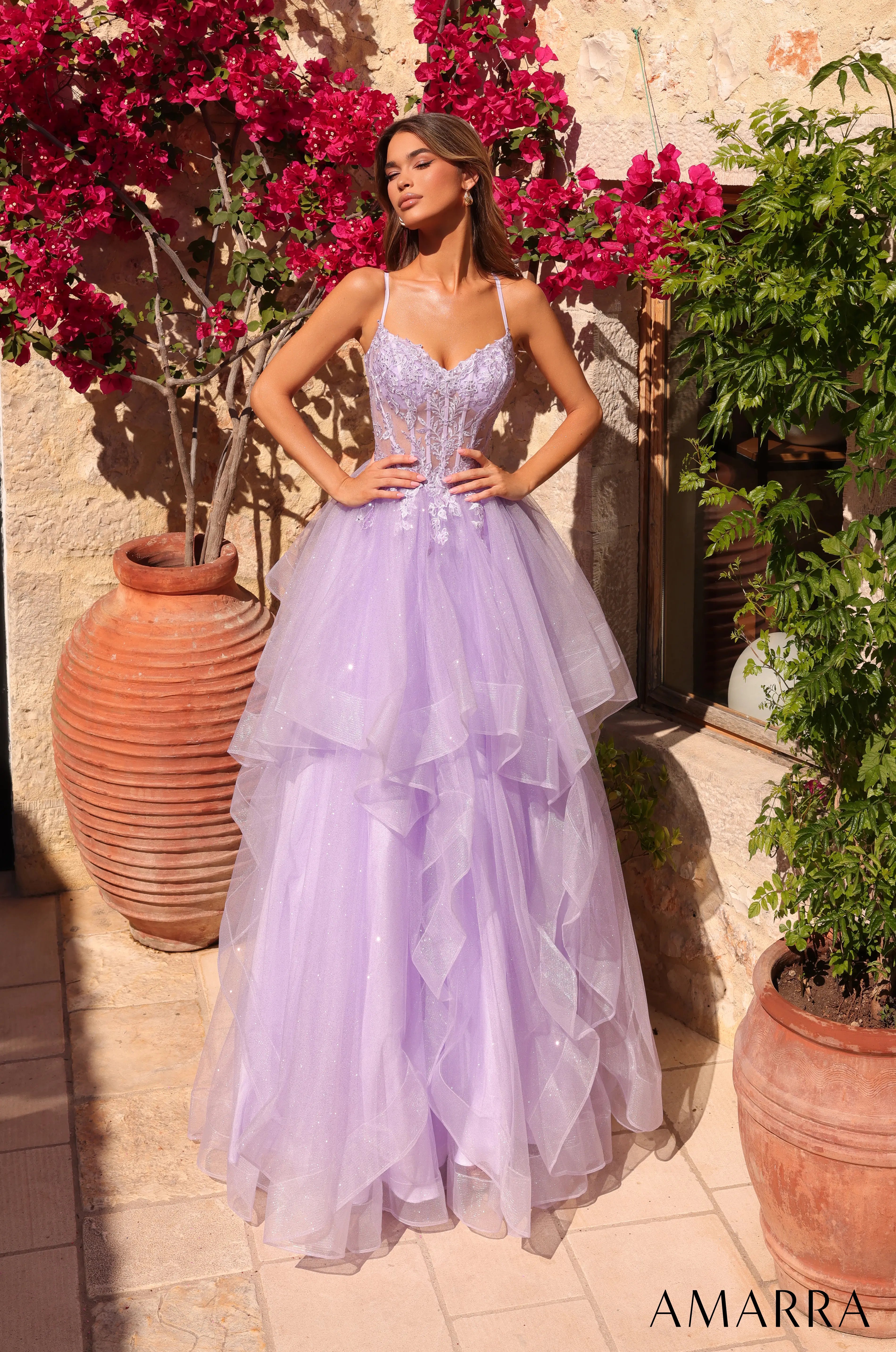 Lace Corset Ball Gown with Tiered Tulle Skirt Style 89504