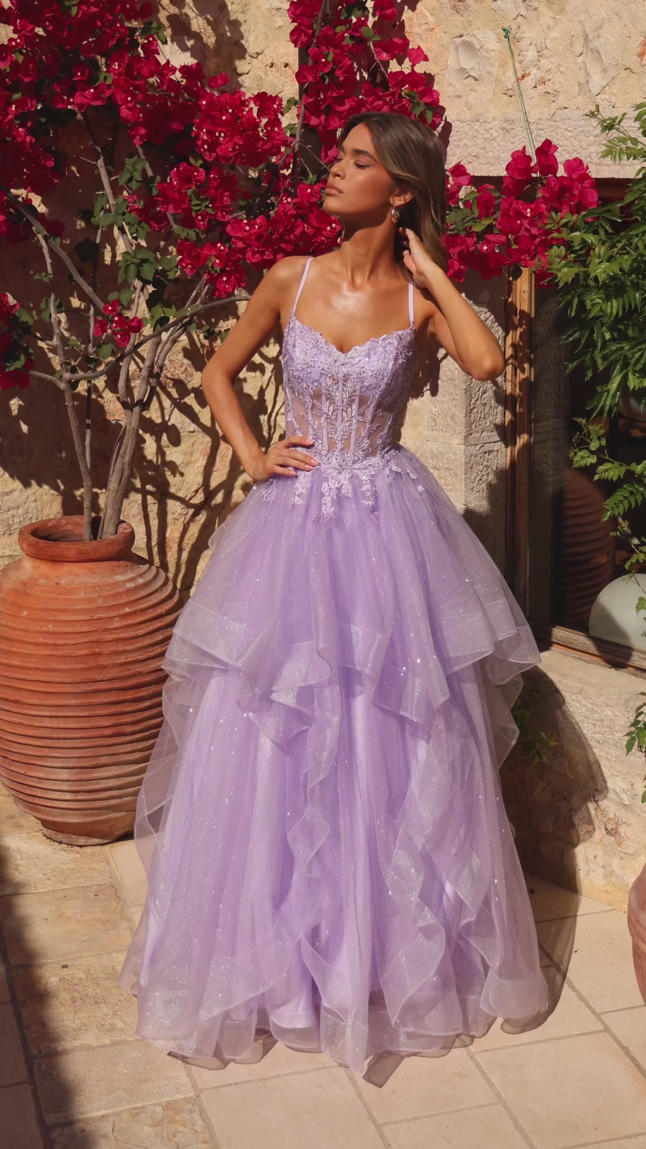 Lace Corset Ball Gown with Tiered Tulle Skirt Style 89504