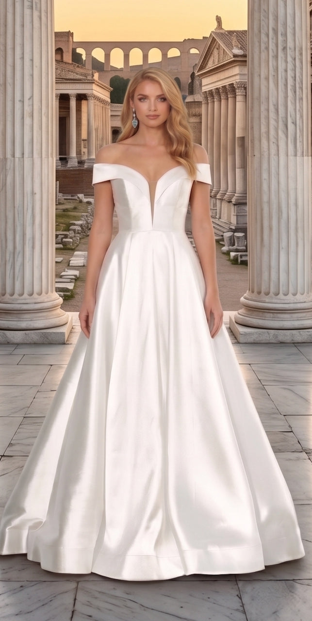 Woman in a white wedding dress standing in an ancient ruin setting, the bridal company